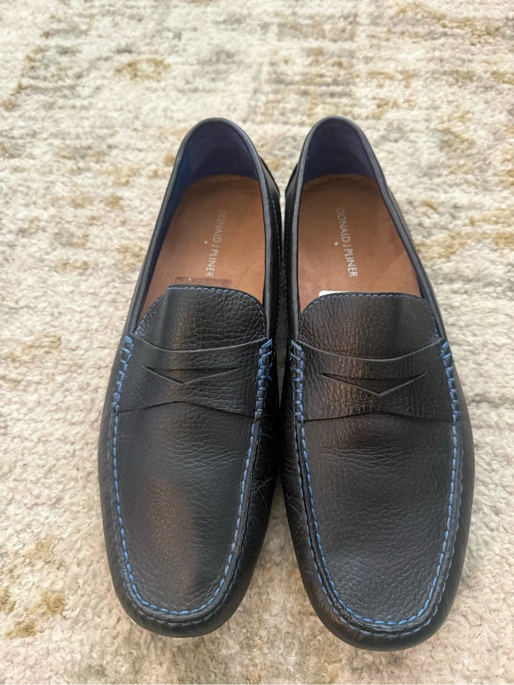 Donald J. Pliner Black Leather Penny Loafers with Blue Stitching